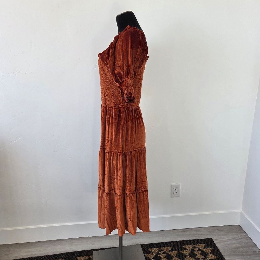 Burnt Orange Copper Velvet Maxi Dress Tiered Smocked Holiday Party Christmas M - Picture 5 of 12